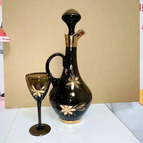 Romanian MidCent Smoked Glass 22k Gold Carafe Decanter Czech Bohemian - Picture 1 of 16